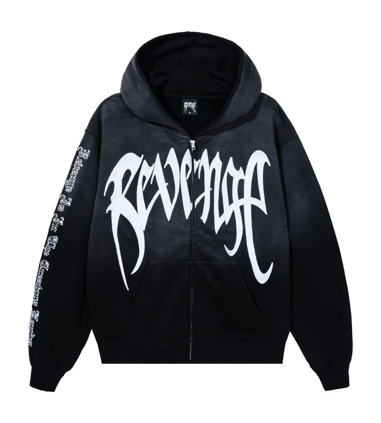 Revenge Embroidered Arch Logo Zip Front Revenge Embroidered Arch Logo Zip Washed Black/White front view