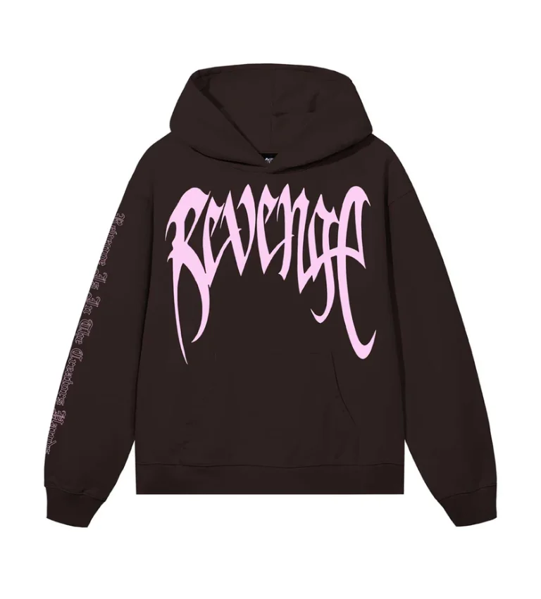 Revenge Xxxtentacion Hoodie Brown/Pink Front Revenge Xxxtentacion Hoodie Brown/Pink front view with pink Revenge graphic