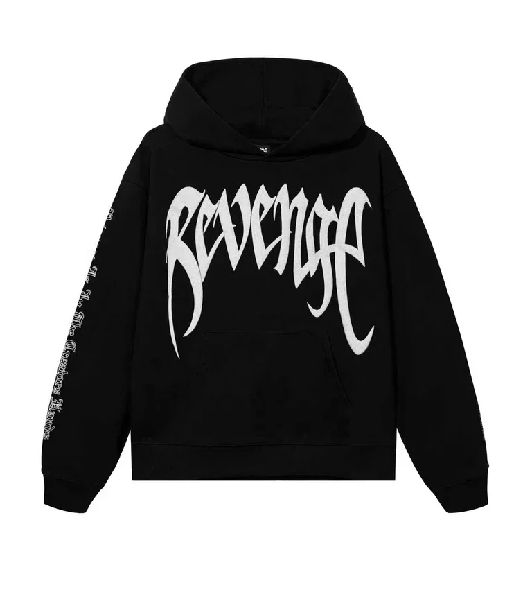 Revenge Xxxtentacion Hoodie Black/White Front Revenge Xxxtentacion Hoodie Black/White front view with white graphic
