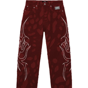 Revenge Flame Distressed Boro Denim Jean Red front view