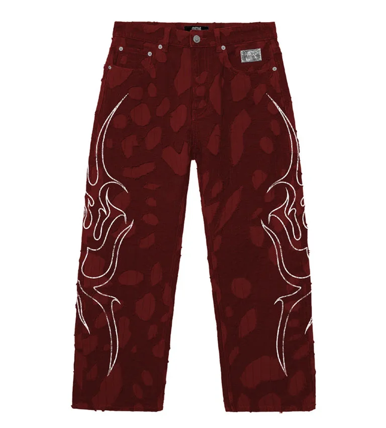 Revenge Flame Distressed Boro Denim Jean Red Front Revenge Flame Distressed Boro Denim Jean Red front view