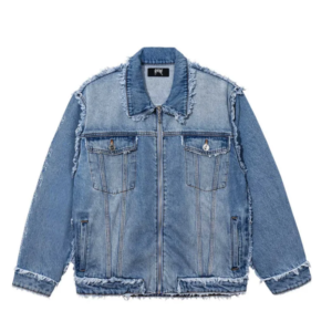 Revenge Frayed Skull Patched Denim Jacket Indigo front view